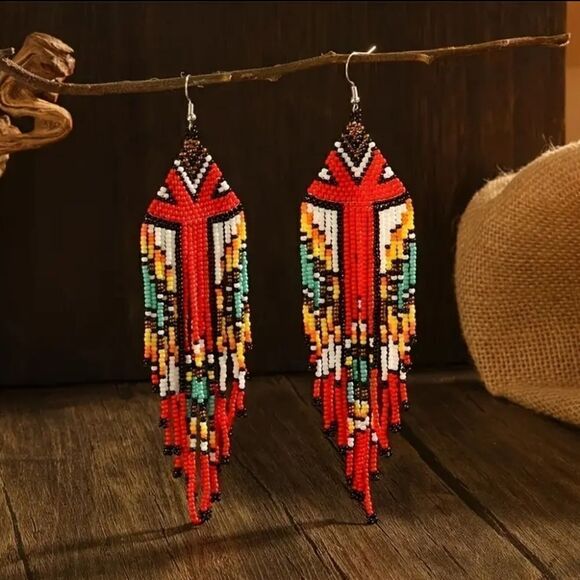 Handmade Native American-Style Beaded Tassel Fashion* Earrings Extra Long 1 pair - Picture 3 of 17